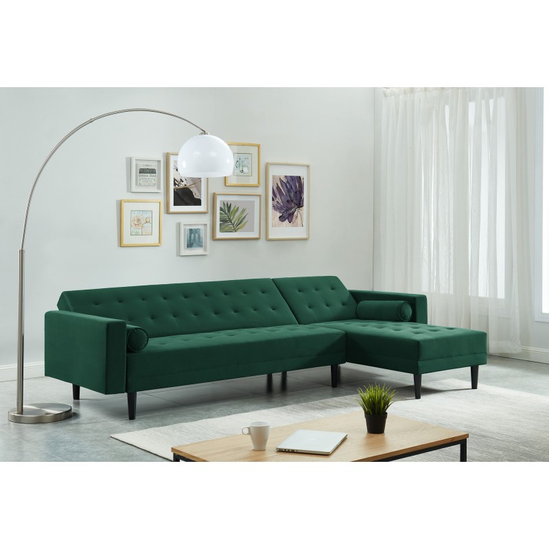 Canapé d'angle LUXURY convertible 4 Places en velours vert et pieds en bois avec angle réversible