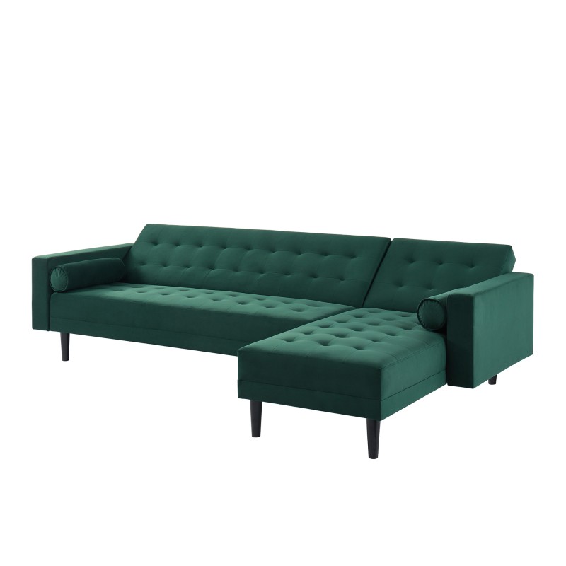 Canapé d'angle LUXURY convertible 4 Places en velours vert et pieds en bois avec angle réversible