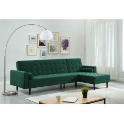 Canapé d'angle LUXURY convertible 4 Places en velours vert et pieds en bois avec angle réversible
