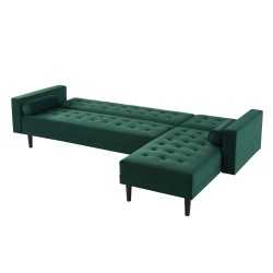 Canapé d'angle LUXURY convertible 4 Places en velours vert et pieds en bois avec angle réversible