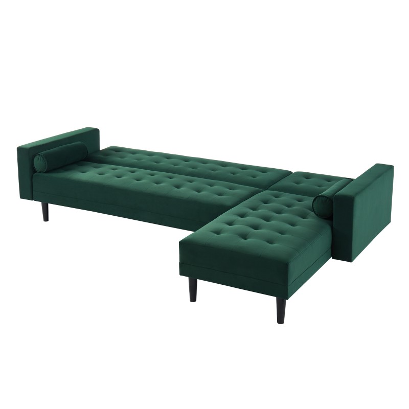 Canapé d'angle LUXURY convertible 4 Places en velours vert et pieds en bois avec angle réversible