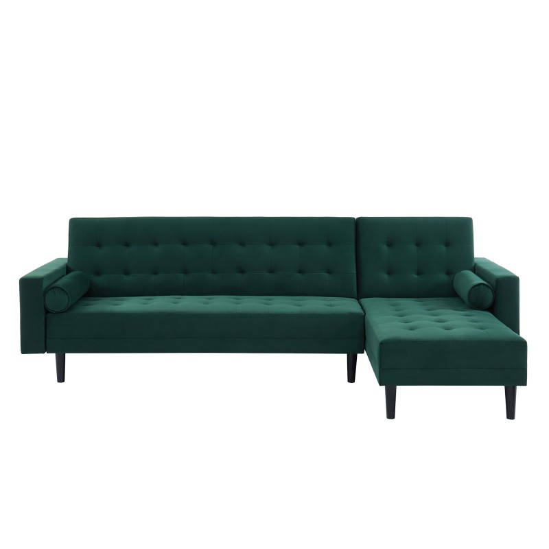 Canapé d'angle LUXURY convertible 4 Places en velours vert et pieds en bois avec angle réversible
