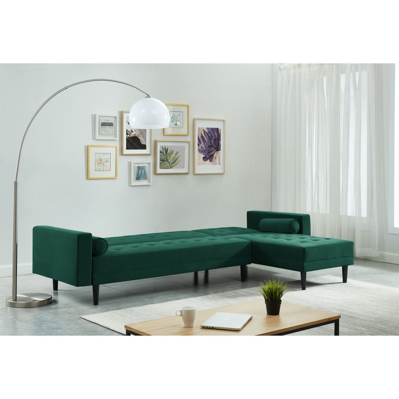 Canapé d'angle LUXURY convertible 4 Places en velours vert et pieds en bois avec angle réversible