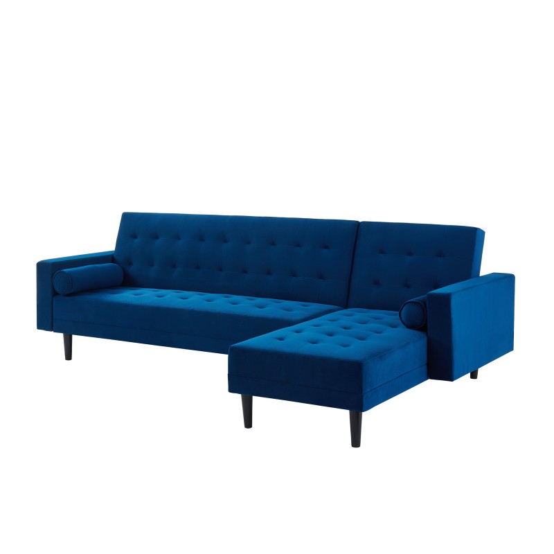 Canapé d'angle 4 places LUXURY convertbiel en velours bleu et pieds en bois avec angle réversible
