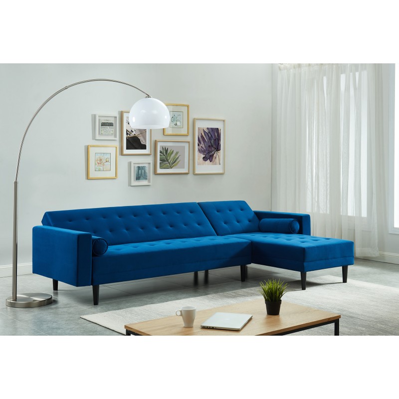 Canapé d'angle 4 places LUXURY convertbiel en velours bleu et pieds en bois avec angle réversible