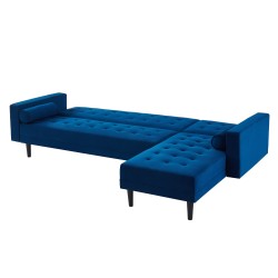 Canapé d'angle 4 places LUXURY convertbiel en velours bleu et pieds en bois avec angle réversible