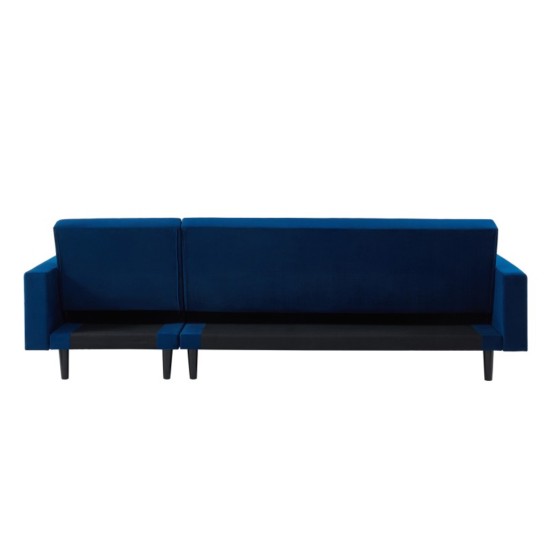 Canapé d'angle 4 places LUXURY convertbiel en velours bleu et pieds en bois avec angle réversible