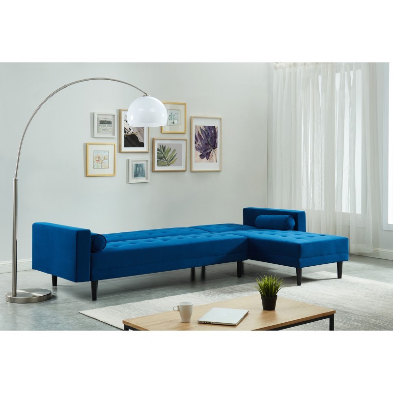 Canapé d'angle 4 places LUXURY convertbiel en velours bleu et pieds en bois avec angle réversible