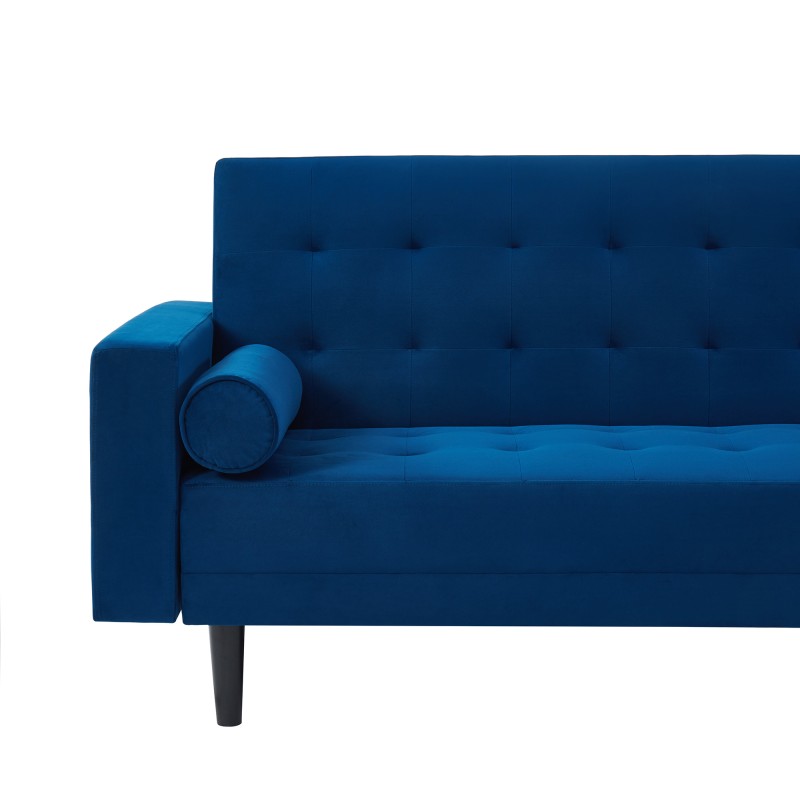 Canapé d'angle 4 places LUXURY convertbiel en velours bleu et pieds en bois avec angle réversible