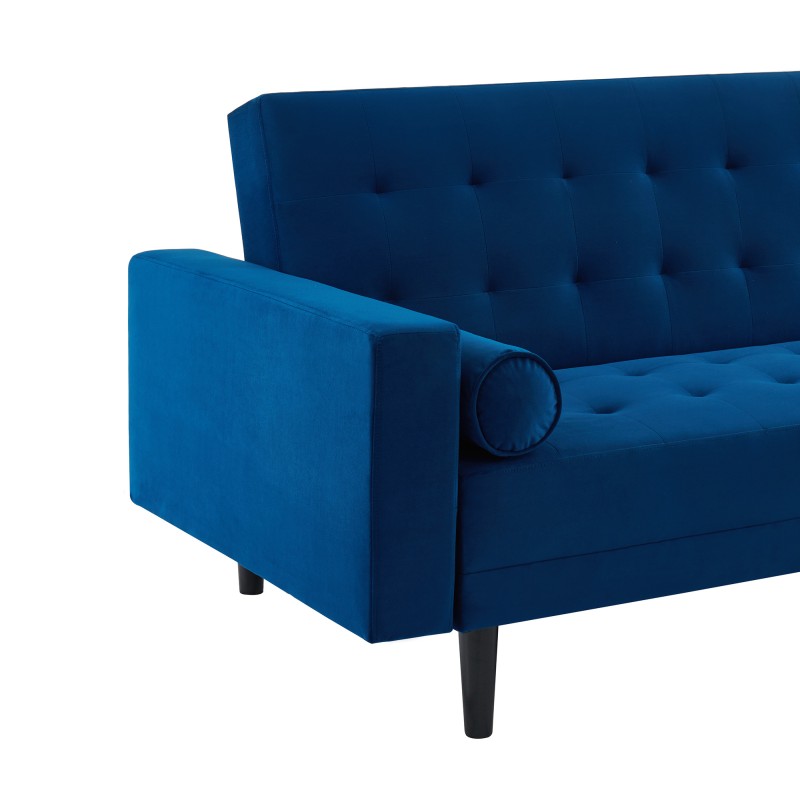 Canapé d'angle 4 places LUXURY convertbiel en velours bleu et pieds en bois avec angle réversible