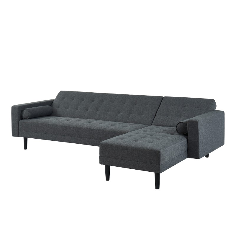 Canapé d'angle LUXURY convertible 4 places en tissu anthracite et pieds en bois avec angle réversible
