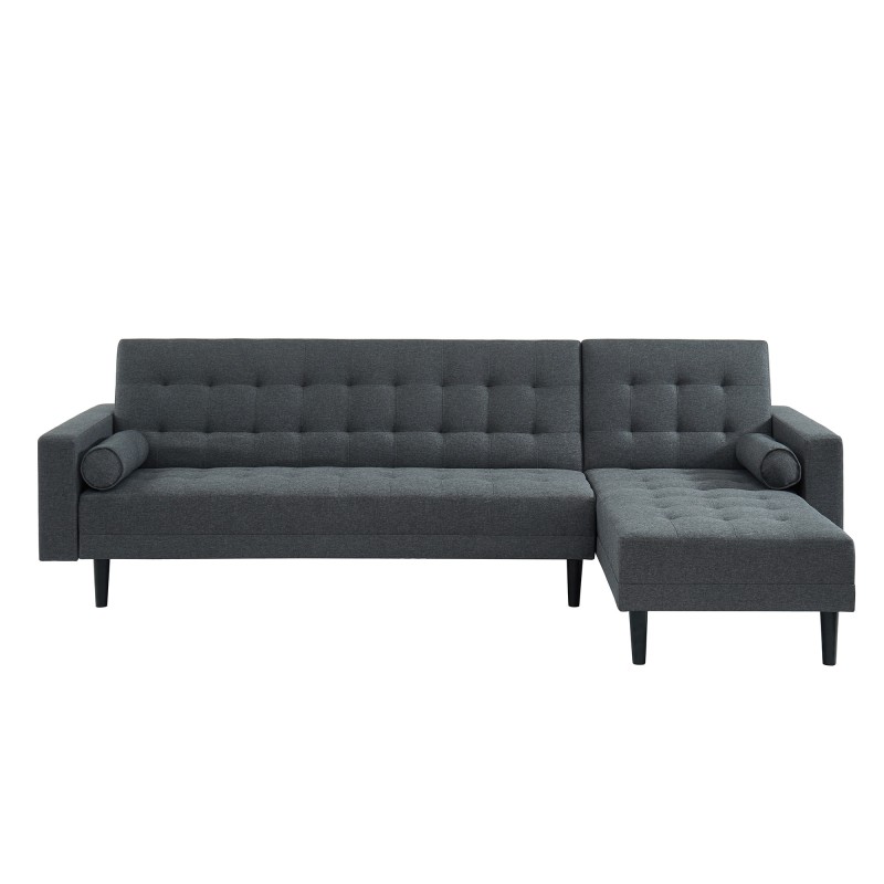 Canapé d'angle LUXURY convertible 4 places en tissu anthracite et pieds en bois avec angle réversible
