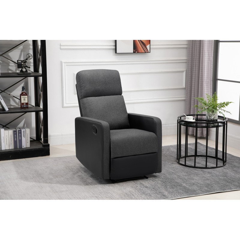 Fauteuil relax small LOVA en PU noir et tissu gris foncé avec fonction manuel d'une largeur d'assise 47cm