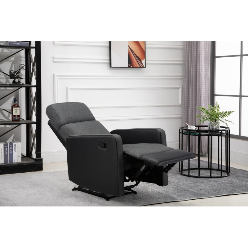 Fauteuil relax small LOVA en PU noir et tissu gris foncé avec fonction manuel d'une largeur d'assise 47cm