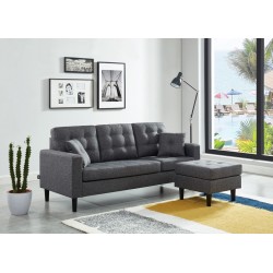 Canapé d'angle MIRISA en tissu gris et pieds en bois 4 places et 2 coussins inclus