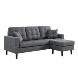 Canapé d'angle MIRISA en tissu gris et pieds en bois 4 places et 2 coussins inclus