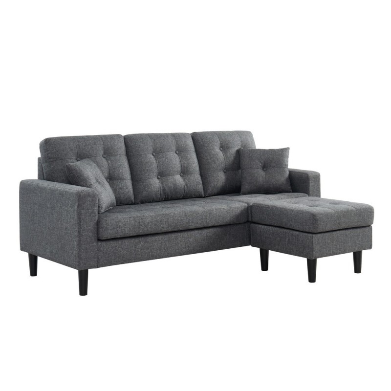 Canapé d'angle MIRISA en tissu gris et pieds en bois 4 places et 2 coussins inclus
