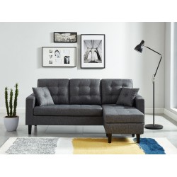 Canapé d'angle MIRISA en tissu gris et pieds en bois 4 places et 2 coussins inclus