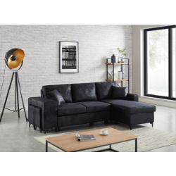 Canapé d'angle JULES convertible en tissu effet vintage noir