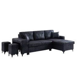 Canapé d'angle JULES convertible en tissu effet vintage noir