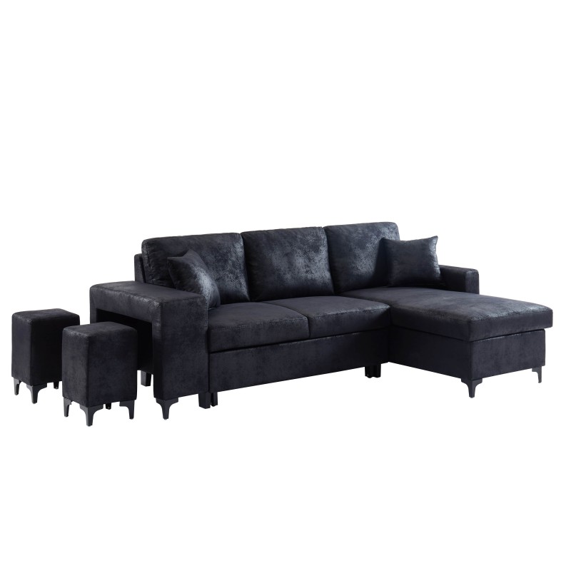 Canapé d'angle JULES convertible en tissu effet vintage noir