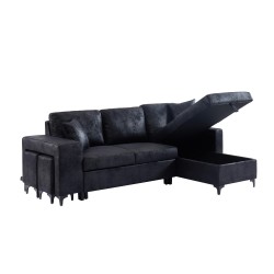 Canapé d'angle JULES convertible en tissu effet vintage noir