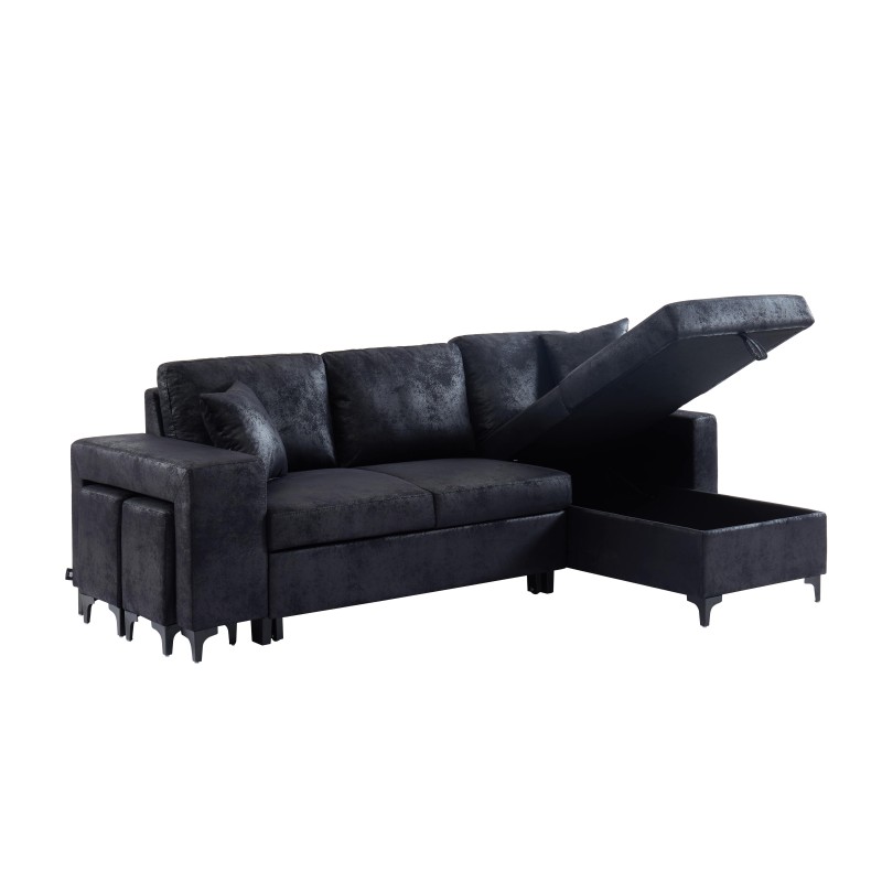 Canapé d'angle JULES convertible en tissu effet vintage noir