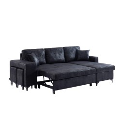 Canapé d'angle JULES convertible en tissu effet vintage noir