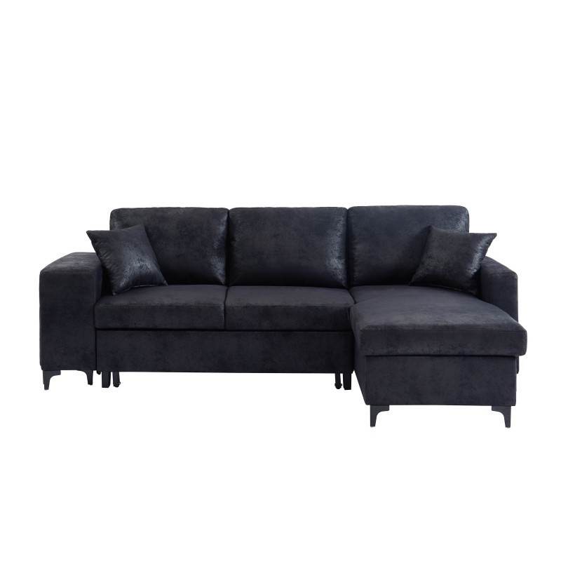 Canapé d'angle JULES convertible en tissu effet vintage noir