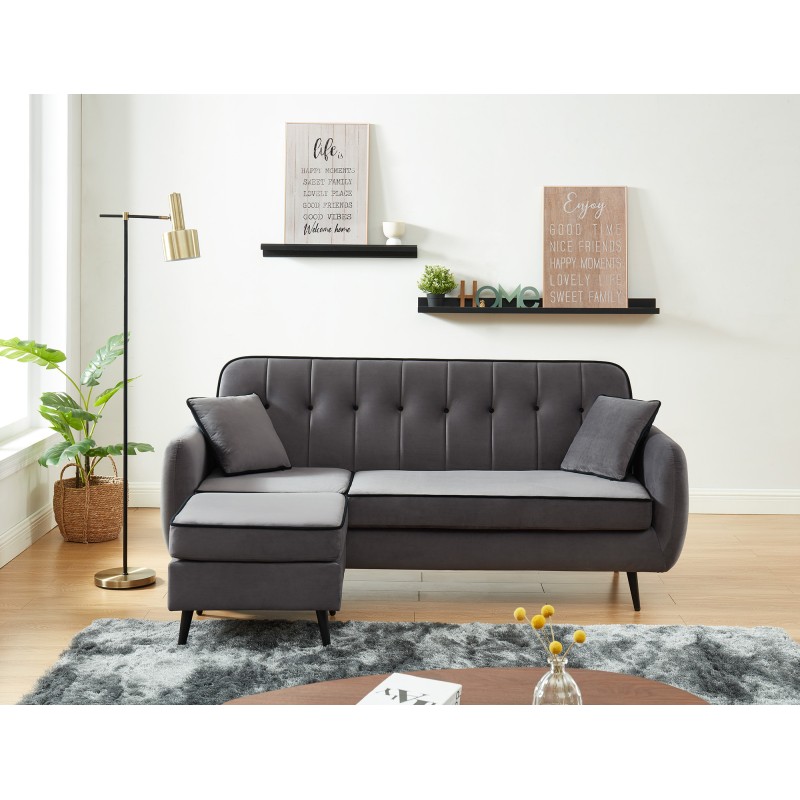 Canapé d'angle SWEETY en velours gris avec pieds en métal noir 4places et 2 coussins inclus