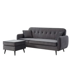 Canapé d'angle SWEETY en velours gris avec pieds en métal noir 4places et 2 coussins inclus