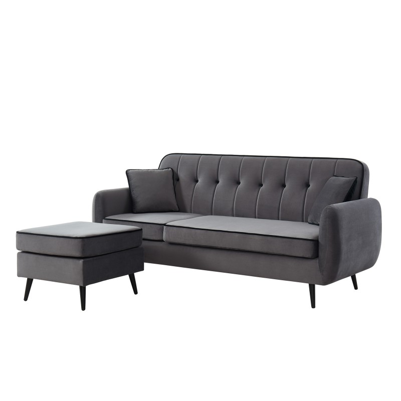 Canapé d'angle SWEETY en velours gris avec pieds en métal noir 4places et 2 coussins inclus