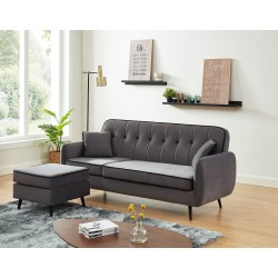 Canapé d'angle SWEETY en velours gris avec pieds en métal noir 4places et 2 coussins inclus