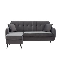 Canapé d'angle SWEETY en velours gris avec pieds en métal noir 4places et 2 coussins inclus