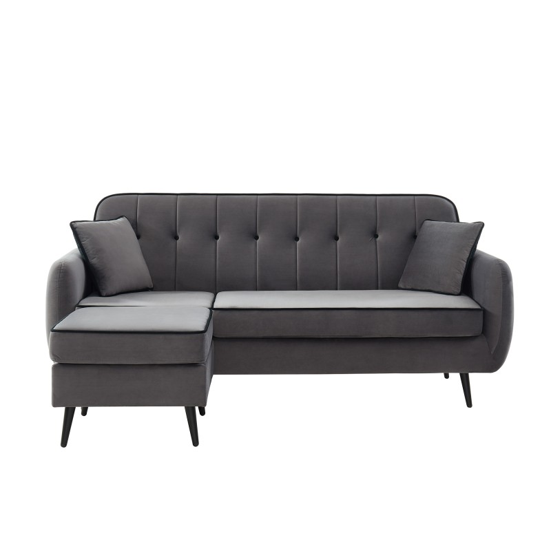 Canapé d'angle SWEETY en velours gris avec pieds en métal noir 4places et 2 coussins inclus