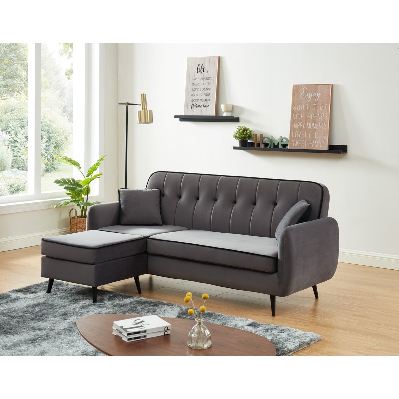 Canapé d'angle SWEETY en velours gris avec pieds en métal noir 4places et 2 coussins inclus