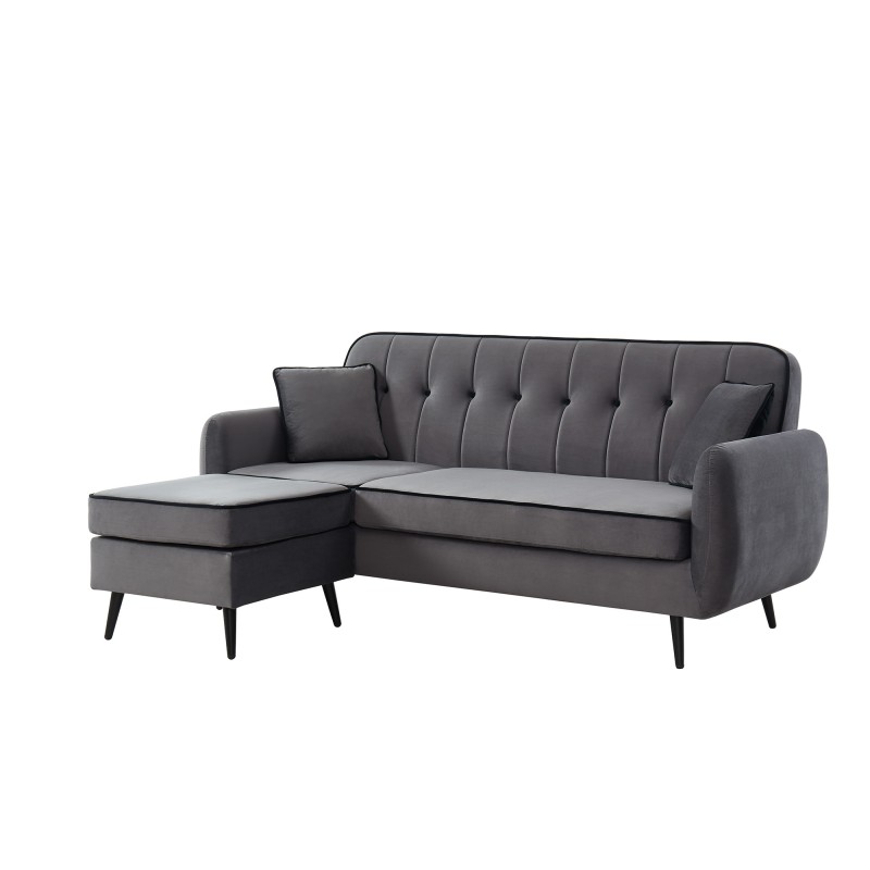 Canapé d'angle SWEETY en velours gris avec pieds en métal noir 4places et 2 coussins inclus