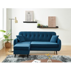 Canapé d'angle SWEETY en velours bleu 4 places avec pieds en métal noir et 2 coussins inclus