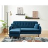 Canapé d'angle SWEETY en velours bleu 4 places avec pieds en métal noir et 2 coussins inclus