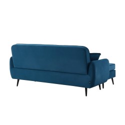 Canapé d'angle SWEETY en velours bleu 4 places avec pieds en métal noir et 2 coussins inclus