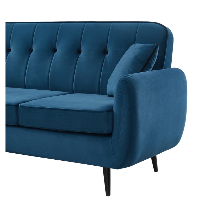 Canapé d'angle SWEETY en velours bleu 4 places avec pieds en métal noir et 2 coussins inclus