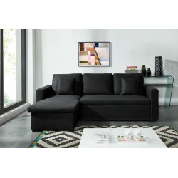 Canapé d'angle ASPEN tissu noir 3 places avec coffre de rangement