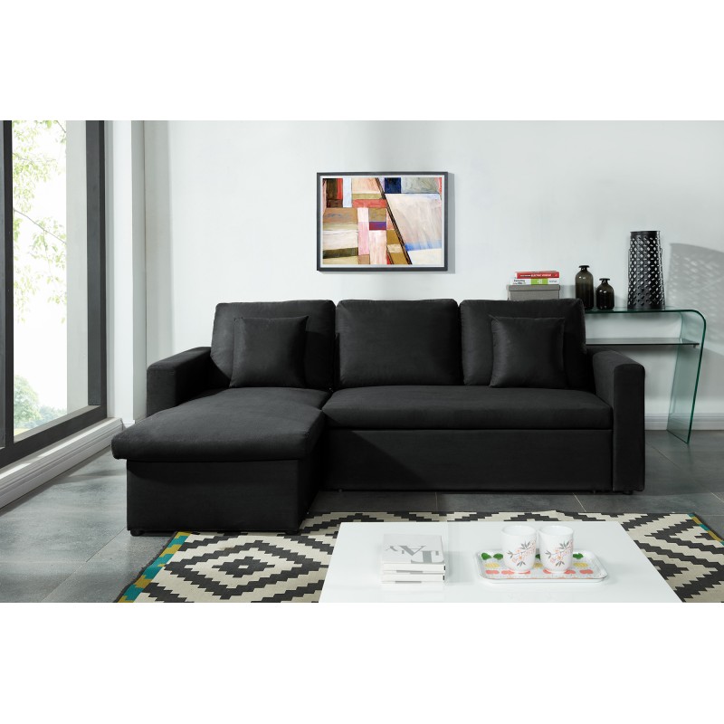 Canapé d'angle ASPEN tissu noir 3 places avec coffre de rangement