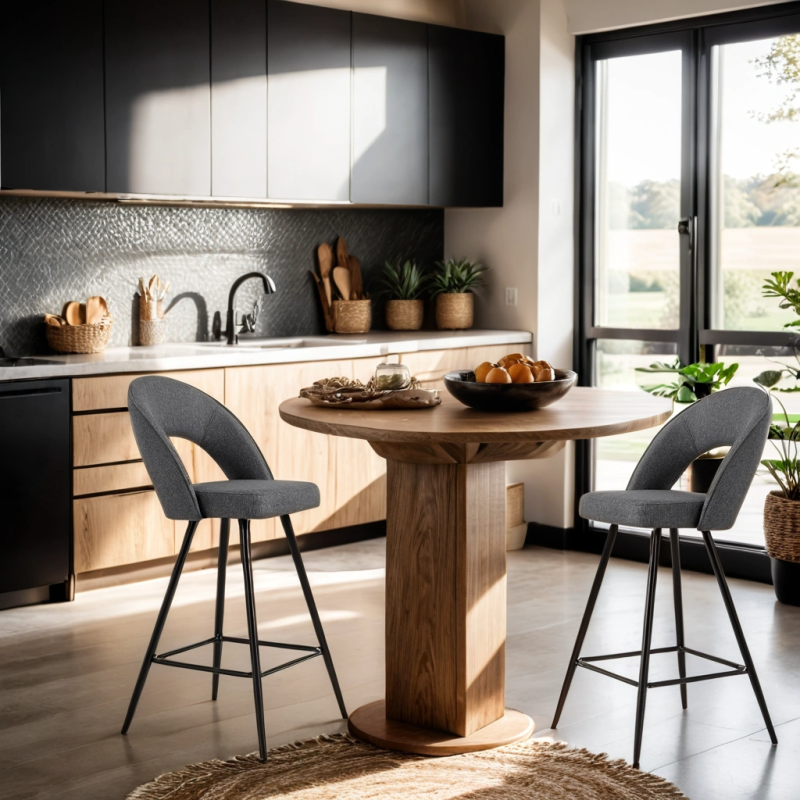 Lot de 2 tabourets BASILE en tissu gris avec pieds noir et une hauteur d'assise de 71,5cm