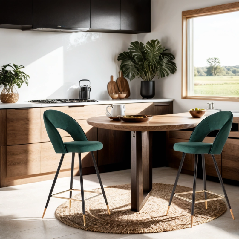 Lot de 2 tabourets BASILE en velours vert aec pieds noir et doré