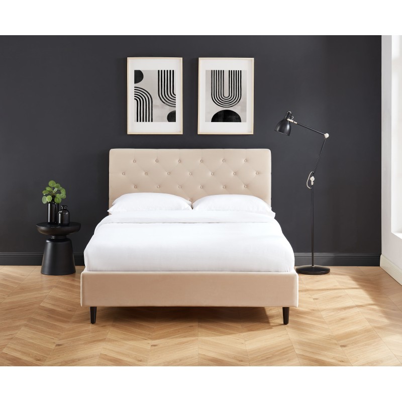 Lit HUBERT velours beige 140x190 sommier inclus