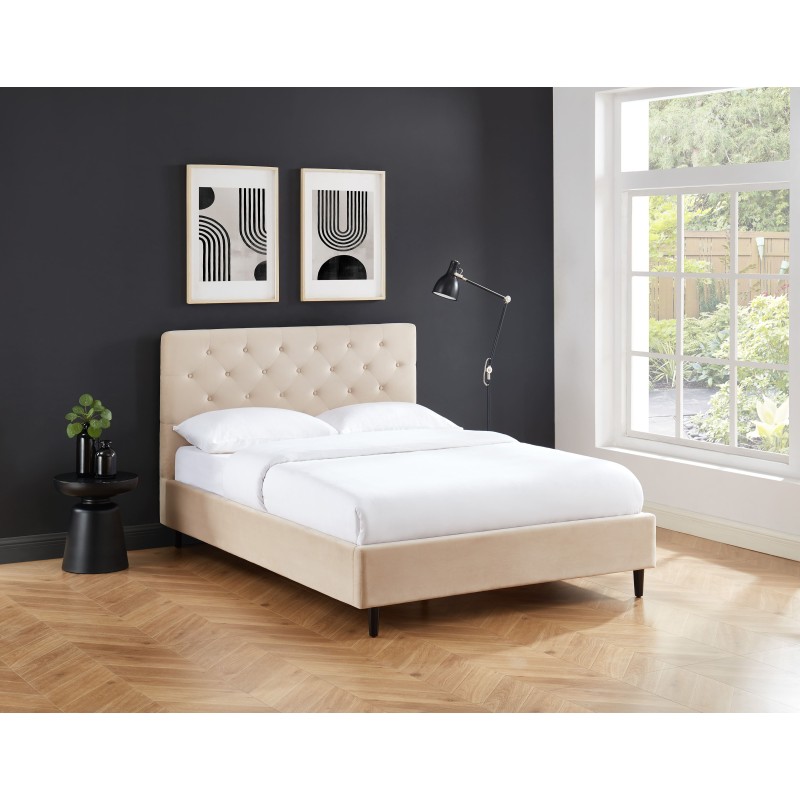 Lit HUBERT velours beige 140x190 sommier inclus