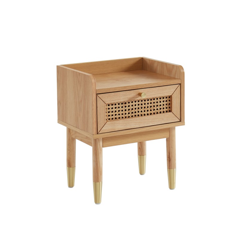 Table de chevet LEON placage chêne et cannage rotin 40cm