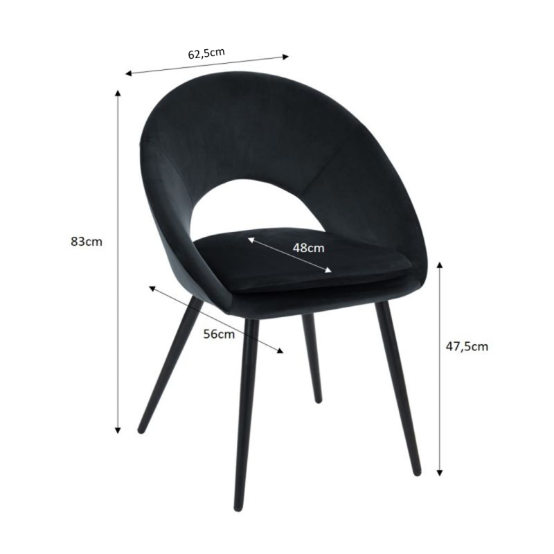 Chaise LEONIE velours noir pieds métal noir