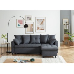 Canapé d'angle LOU convertible 4 places en tissu gris avec angle réversible et coffre